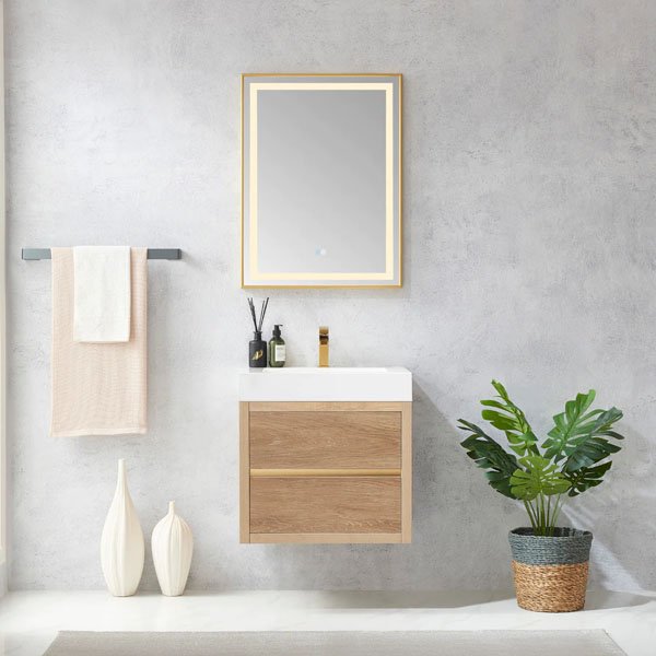 White Composite Integral Square Sink Top - 24" with mirror american oak